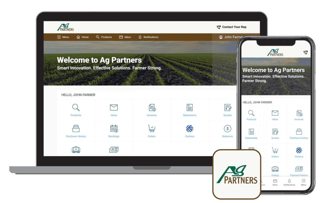 Example showing the Ag Partners web portal on laptop and mobile phone.