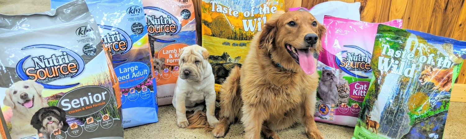 Two dogs in front of dog food bags